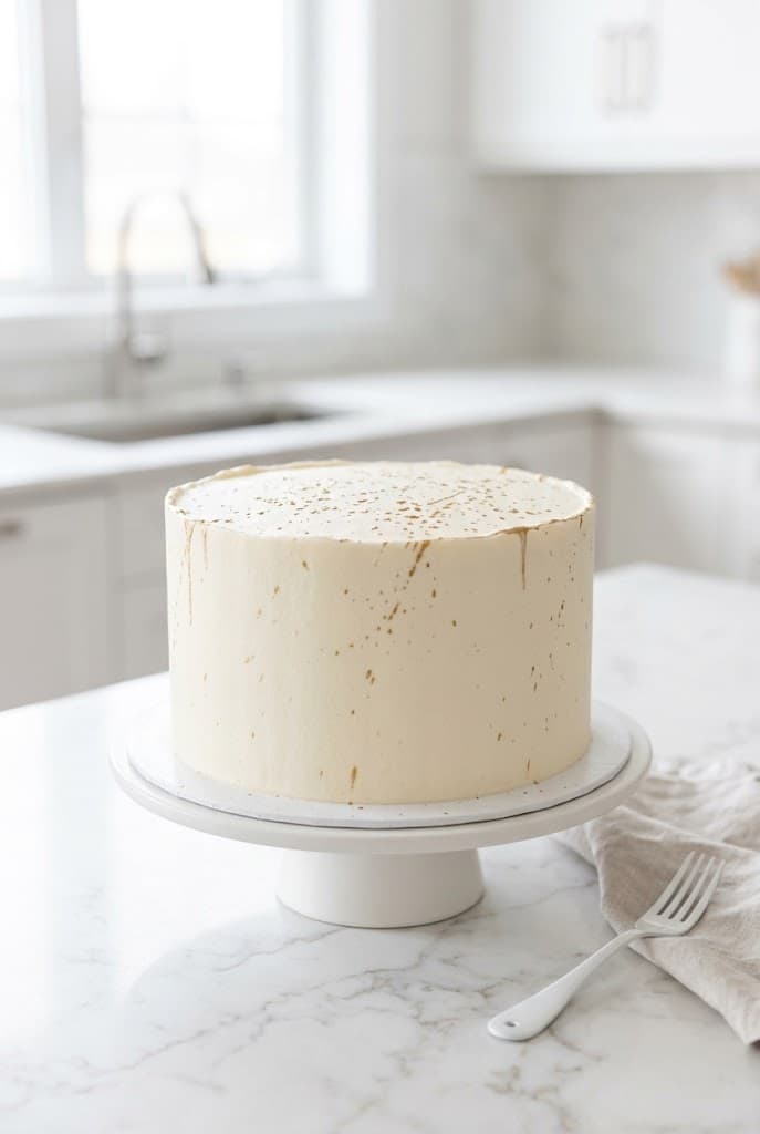 gold-and-white-winter-cake-with-edible-gold-paint-splatters-on-white-marble-countertop
