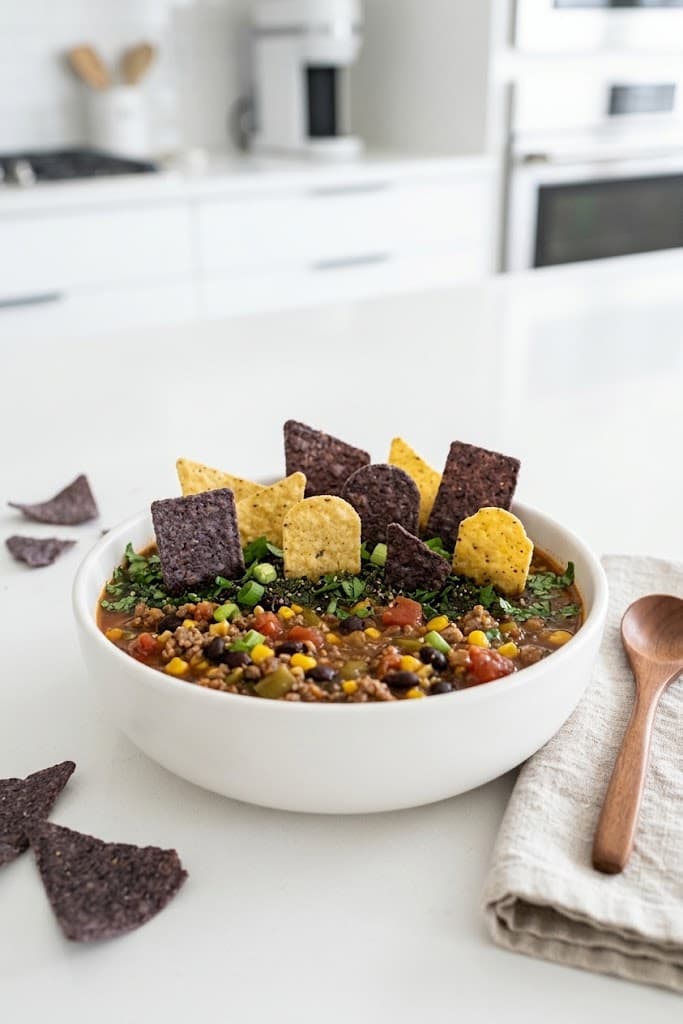 graveyard-taco-soup-with-tortilla-chip-tombstones-in-a-white-bowl