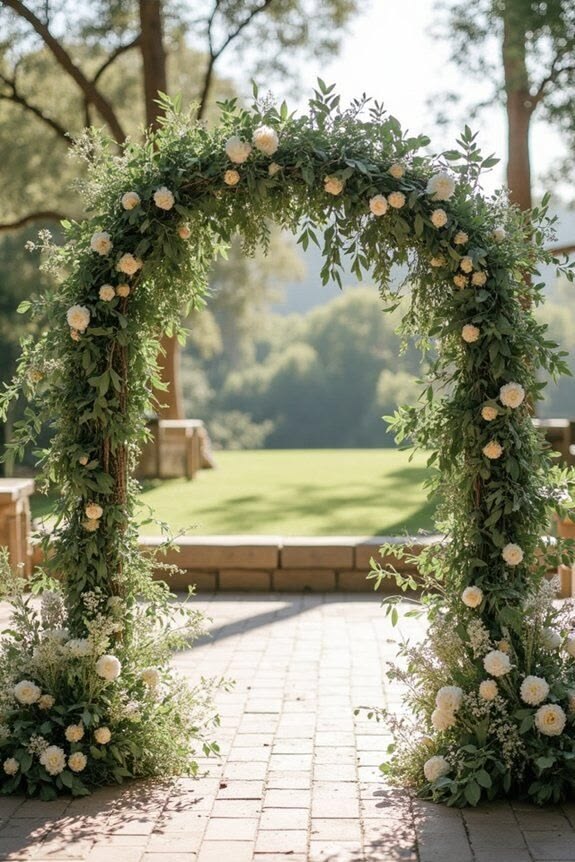 outdoor-wedding-greenery-arch-with-soft-white-roses-and-eucalyptus