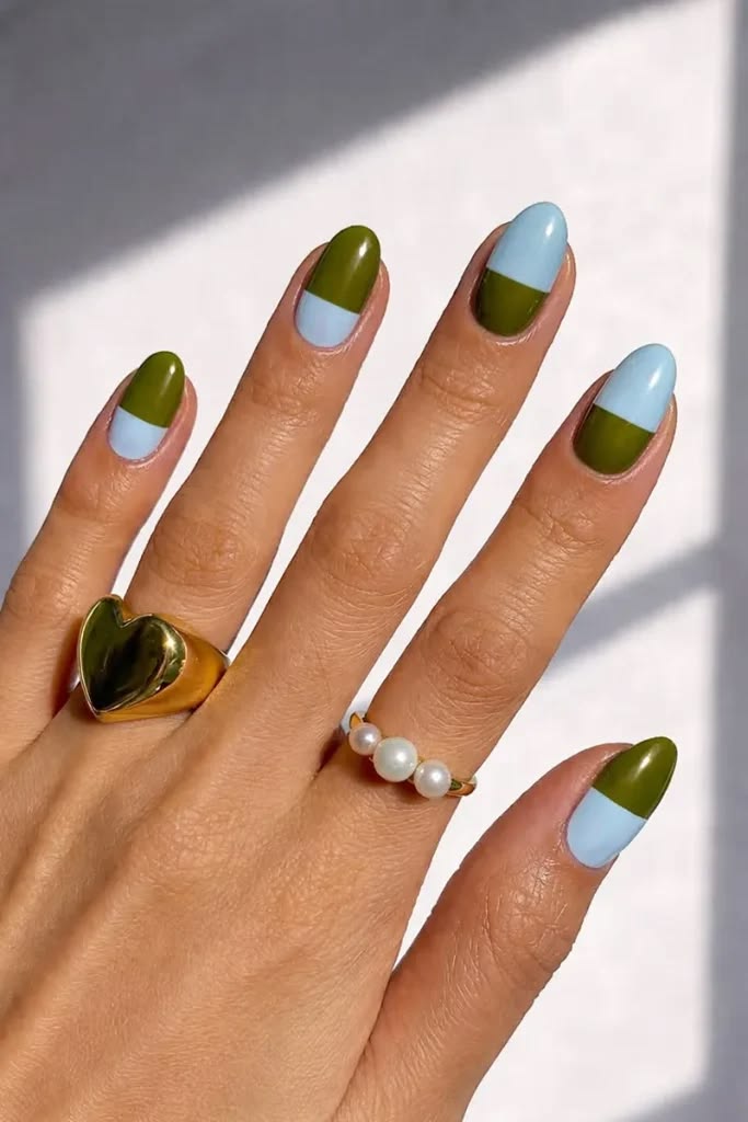olive-green-and-light-blue-two-tone-almond-nails-with-gold-heart-ring-and-pearl-ring