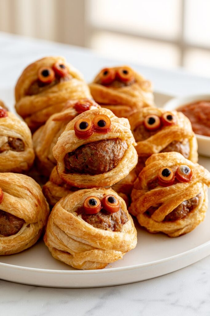halloween-mummy-meatballs-appetizer-in-a-white-plate