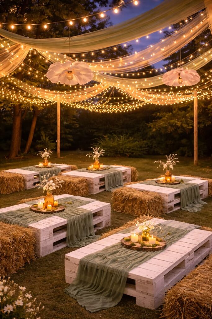 outdoor-countryside-wedding-reception-with-hay-bale-seating-pallet-tables-and-string-lights