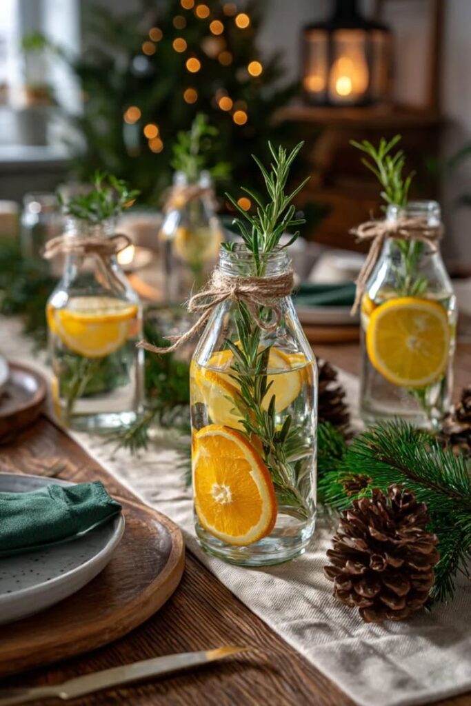 holiday-herb-sprigs-in-bottles-centerpiece-clear-glass-bottles-rosemary-orange-slices-twine-pinecones