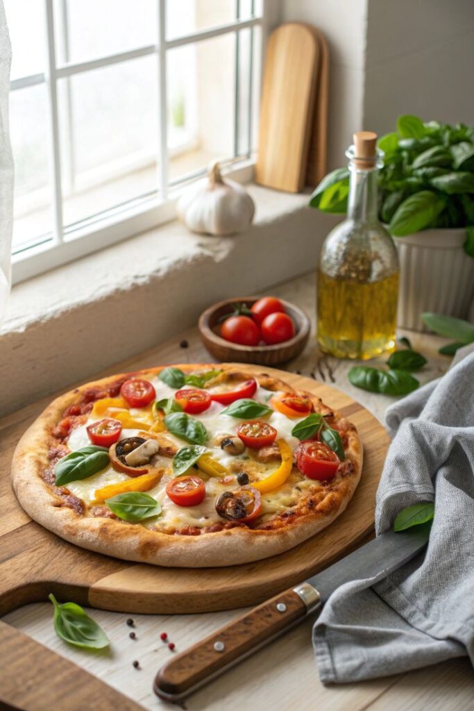 freshly-baked-homemade-veggie-pizza-with-cherry-tomatoes-peppers-and-basil-easy-dinner-recipes