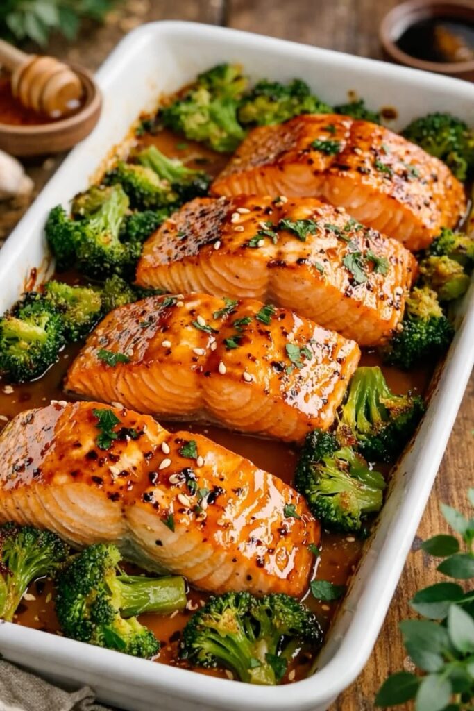 glazed-salmon-fillets-and-roasted-broccoli-florets-in-a-white-baking-dish-garnished-with-sesame-seeds