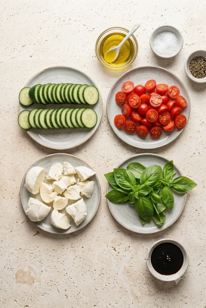 Ingredients -for-cucumber-caprese-salad-featuring-tomatoes-cucumber-balsamic-glaze-olive-oil-black-pepper-basil-leafs-and-salt