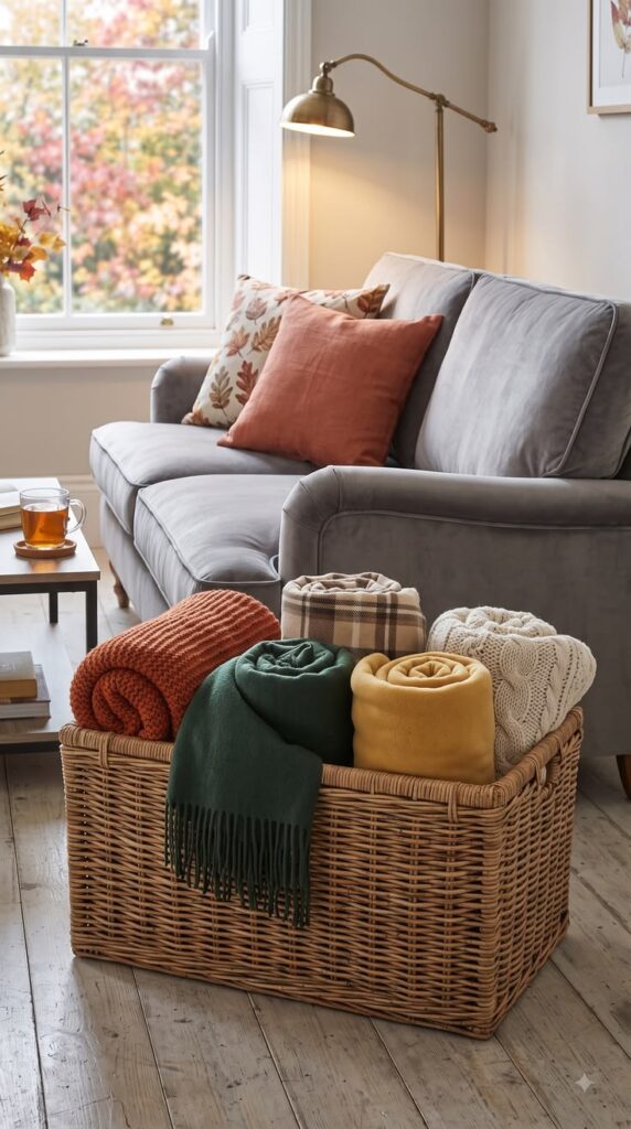 woven-storage-basket-filled-with-rolled-cozy-fall-blankets-next-to-gray-sofa