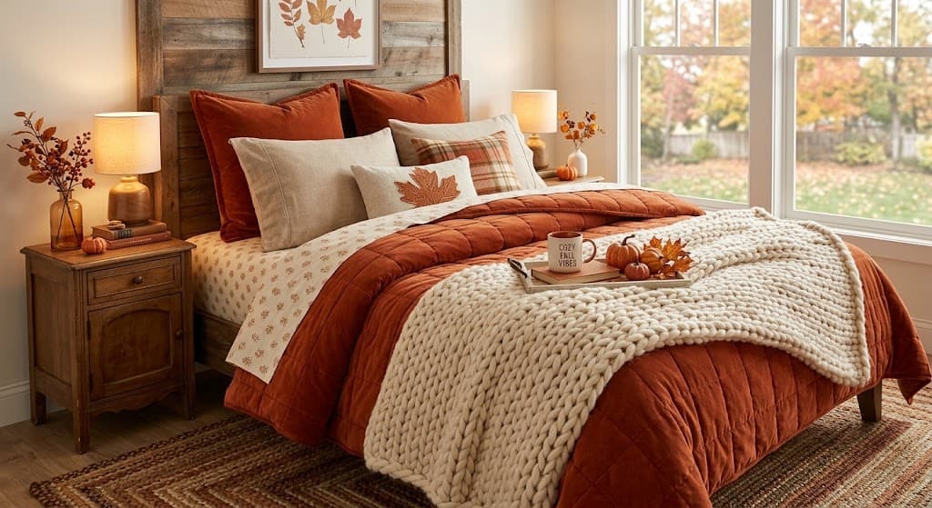 cozy-fall-bedroom-decor-with-rust-orange-duvet-and-cream-chunky-knit-throw-blanket