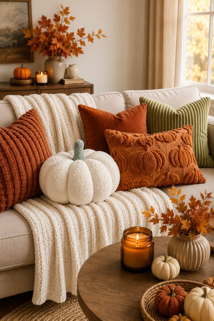 layering-fall-throw-pillows-rust-green-velvet-knit-textures-cozy-living-room