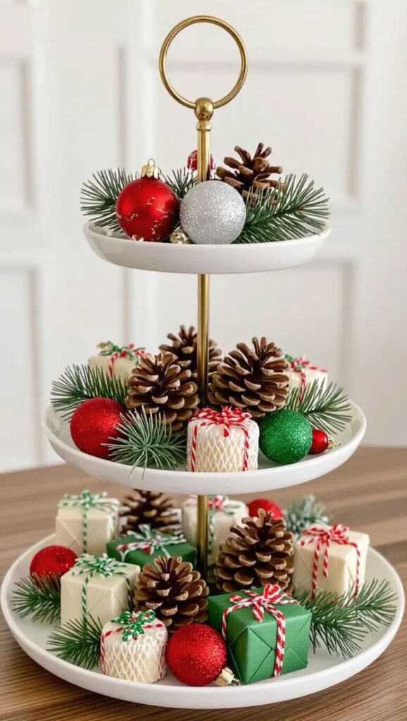three-tiered-white-and-gold-cake-stand-christmas-centerpiece-mini-wrapped-presents-pinecones-red-green-ornaments