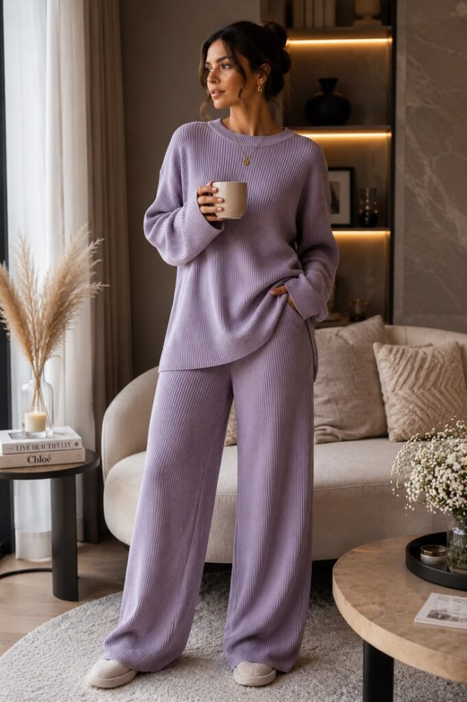 ribbed-knit-purple-women-loungewear-two-piece-set