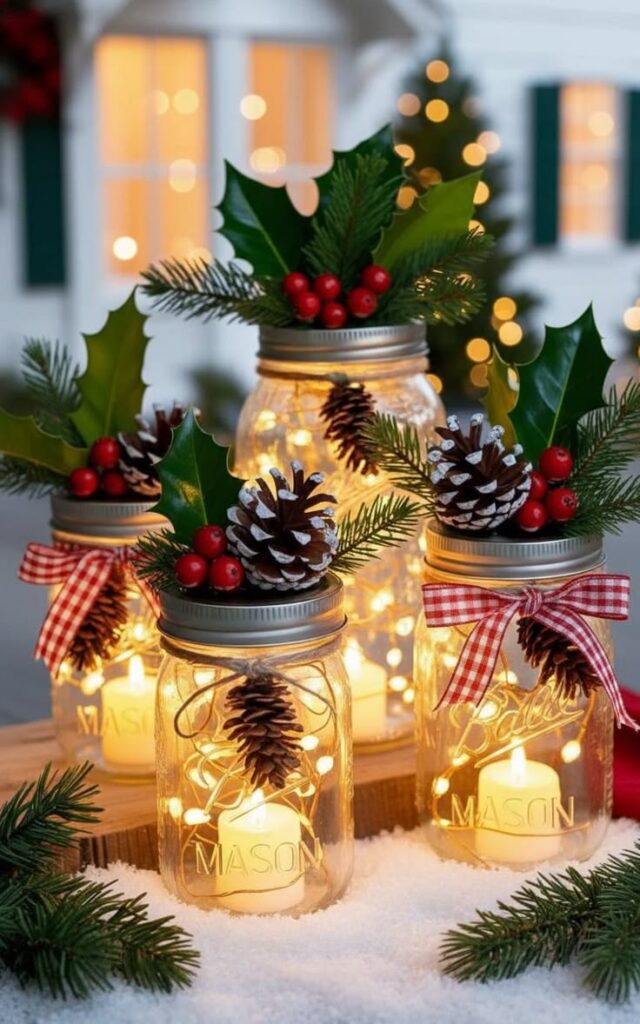 rustic-christmas-mason-jar-candle-centerpiece-red-checkered-bows-pinecones-holly-berries-warm-fairy-lights-faux-snow