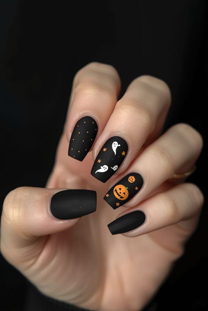 matte-black-halloween-nails-with-tiny-ghosts-pumpkins-and-polka-dots