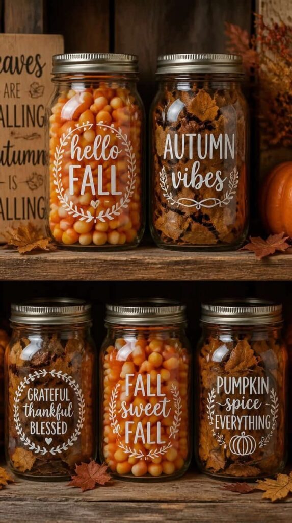 mason-jars-with-autumn-decals-filled-with-candy-corn-and-dried-fall-leaves