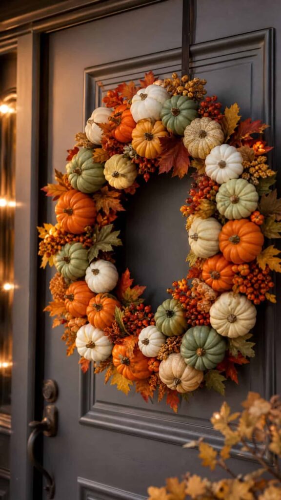 mini-pumpkin-and-autumn-leaf-wreath-with-sage-green-cream-and-orange-pumpkins