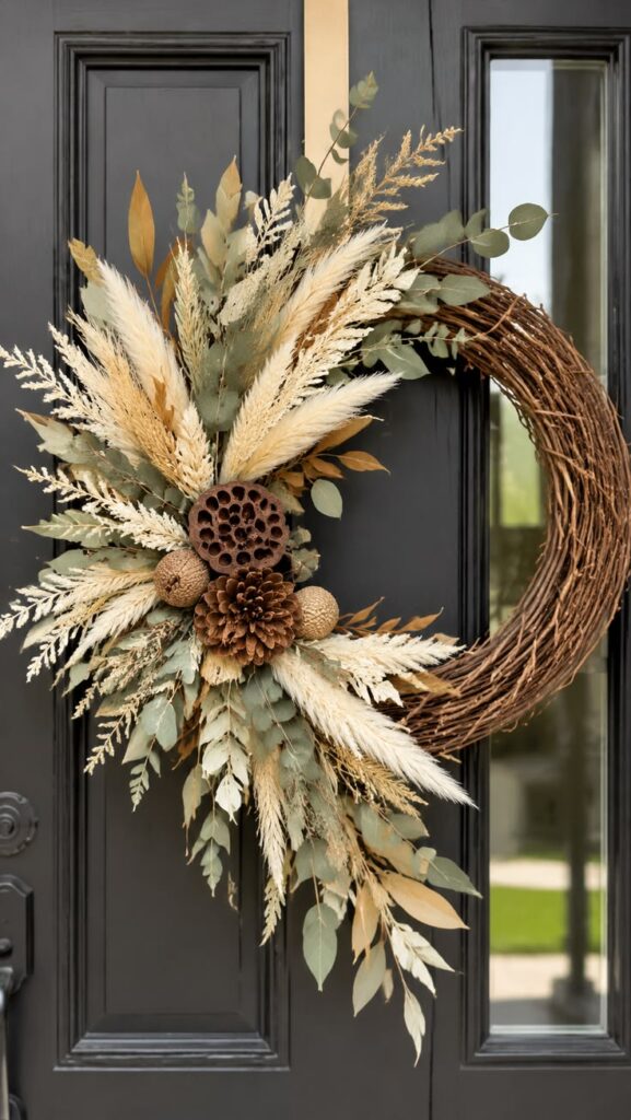 minimalist-neutral-fall-wreath-with-eucalyptus-pampas-grass-and-pinecones-on-black-door