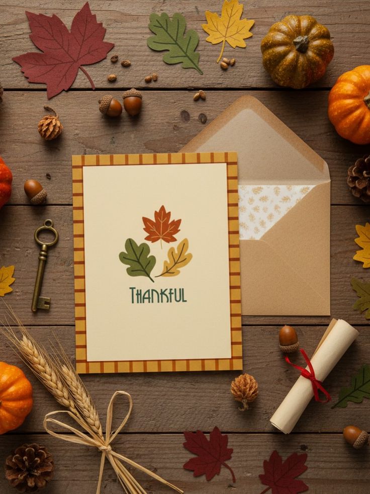minimalist-thanksgiving-card-with-fall-leaves-on-wooden-table-with-kraft-envelope-and-acorns