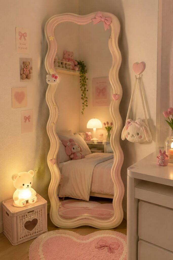 aesthetic-pink-wavy-full-length-floor-mirror-reflecting-a-cozy-bedroom-to-make-a-compact-space-feel-bigger
