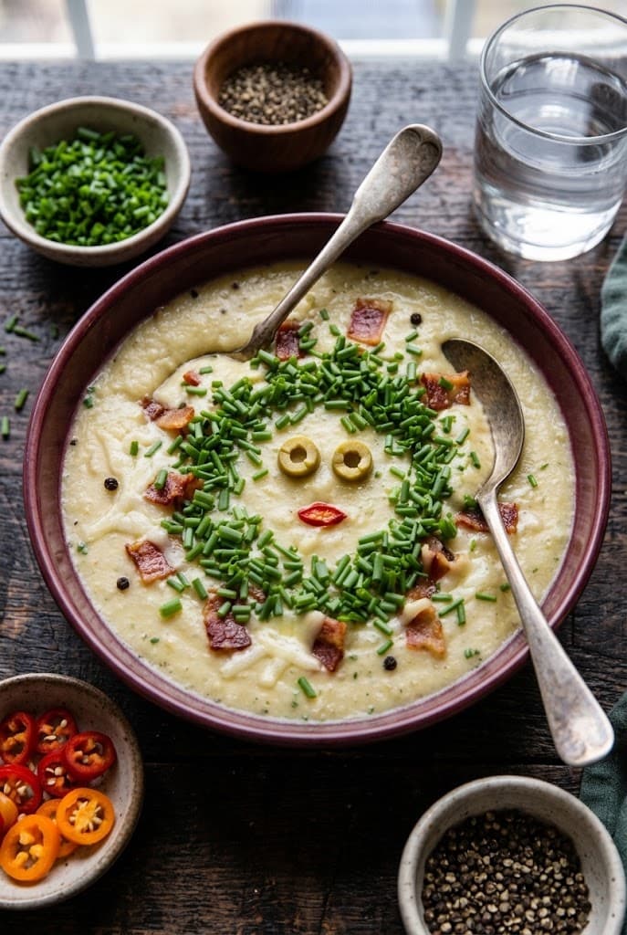 monster-mash-potato-soup-garnished-with-chives-bacon-and-olive-eyes-in-a-burgundy-bowl