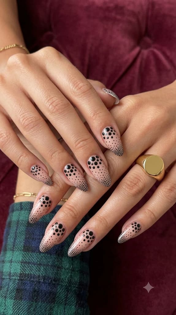 nude-pink-almond-nails-with-black-polka-dot-gradient-gold-ring-and-tartan-shirt