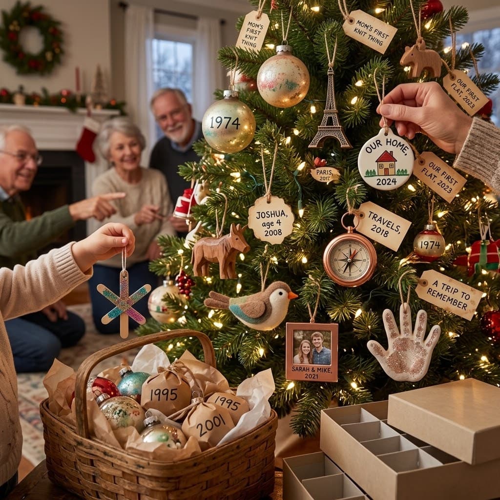 family-keepsake-christmas-tree-decorated-with-personalized-dated-ornaments-handprint-crafts-and-framed-photos