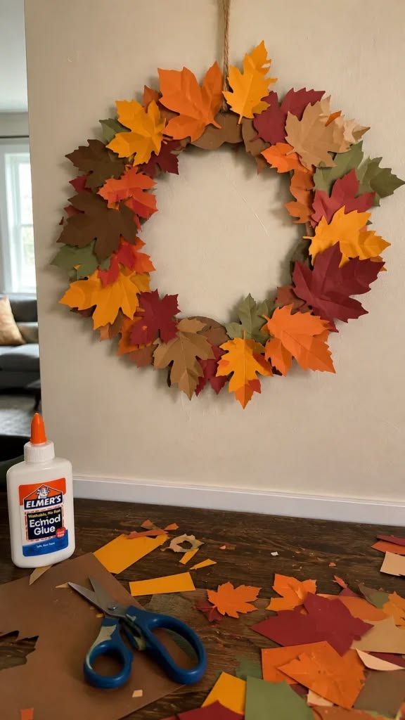 diy-paper-leaf-fall-wreath-craft-with-cardstock-leaves-scissors-and-glue