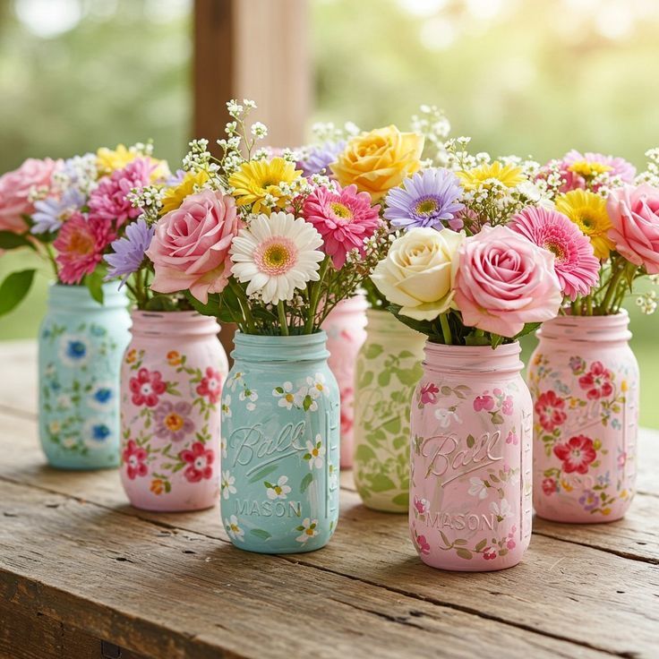 pastel-pink-and-blue-painted-mason-jars-with-floral-patterns-holding-flower-bouquets