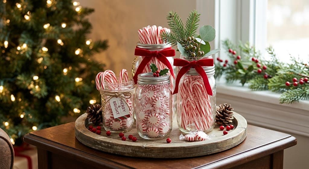 mason-jars-filled-with-peppermint-candies-and-candy-canes-accented-with-red-velvet-bows