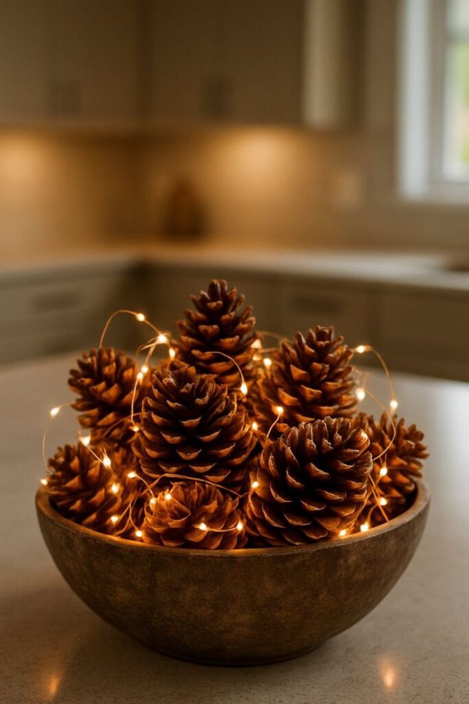 rustic-bowl-filled-with-pinecones-and-warm-fairy-lights