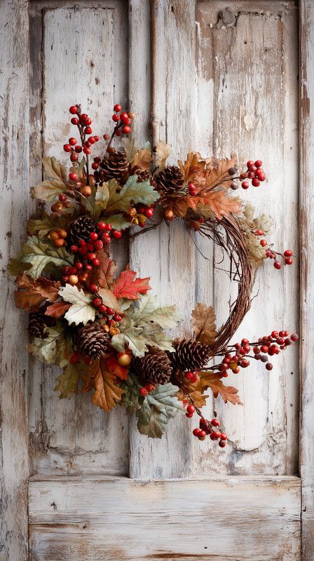 pinecone-and-red-berry-fall-wreath-with-oak-leaves-on-rustic-grapevine-base-and-weathered-wood-door