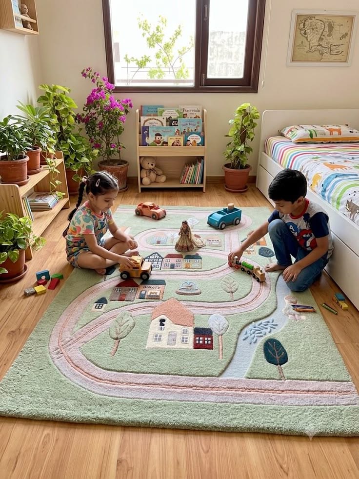 two-children-playing-with-wooden-toys-on-a-large-interactive-town-and-road-play-rug-in-a-bright-kids-room