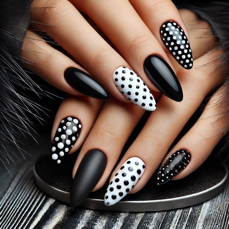 black-and-white-polka-dot-almond-nails-with-glossy-and-matte-accent-nails