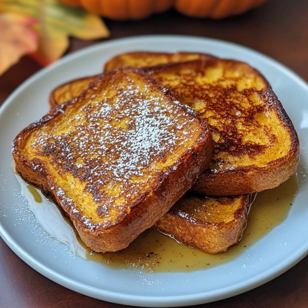 stack-of-golden-brown-pumpkin-french-toast-dusted-with-powdered-sugar-and-drizzled-with-syrup-on-a-white-plate
