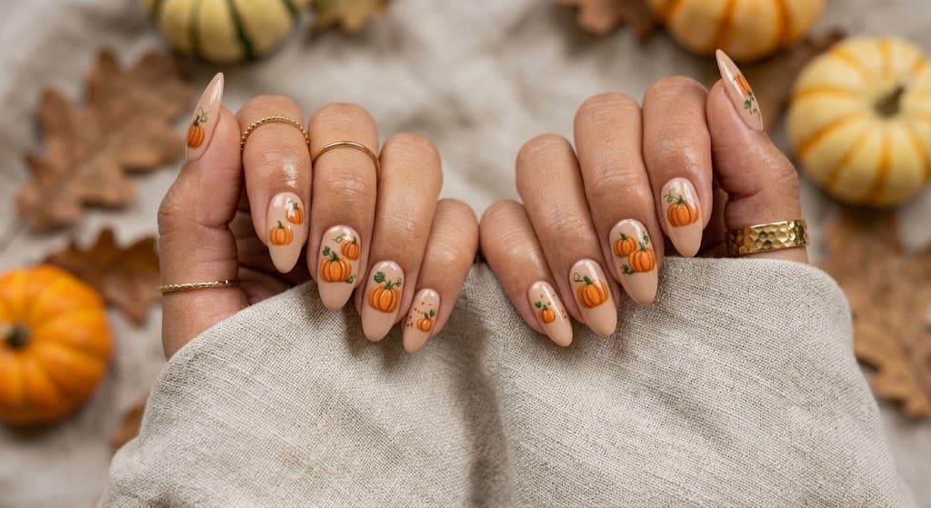 manicured-hands-with-almond-shaped-nails-featuring-pumpkin-nail-art-resting-on-linen-fabric-and-surrounded-by-small-pumpkins-and-oak-leaves