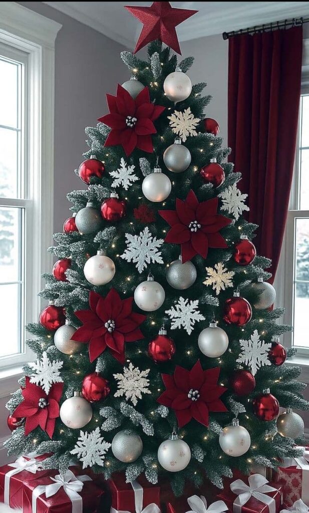 red-poinsettia-and-silver-winter-tree-decorated-with-crimson-flowers-white-snowflakes-and-a-red-star