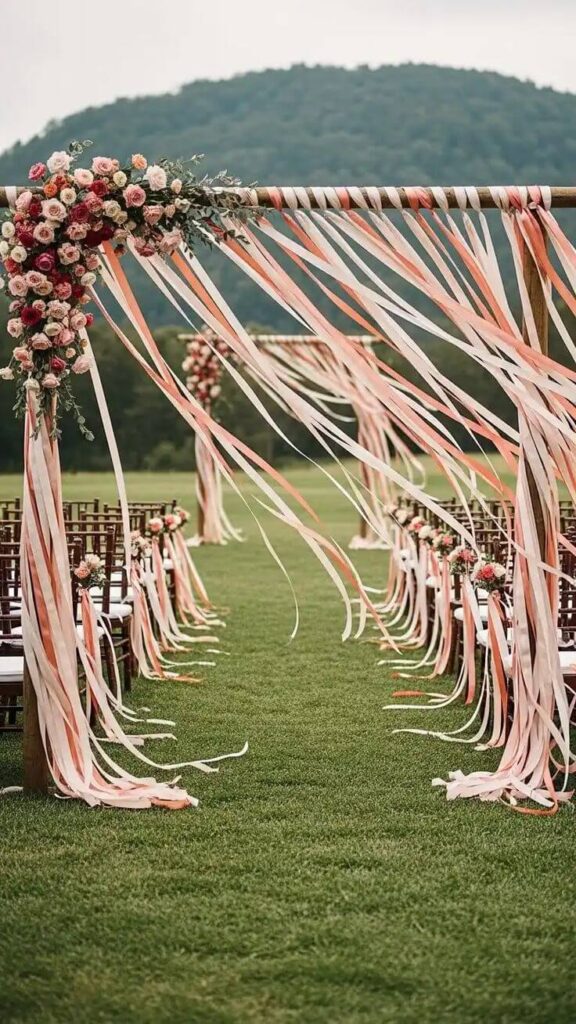 outdoor-wedding-arch-with-flowing-peach-and-pink-ribbon-streamers-and-roses