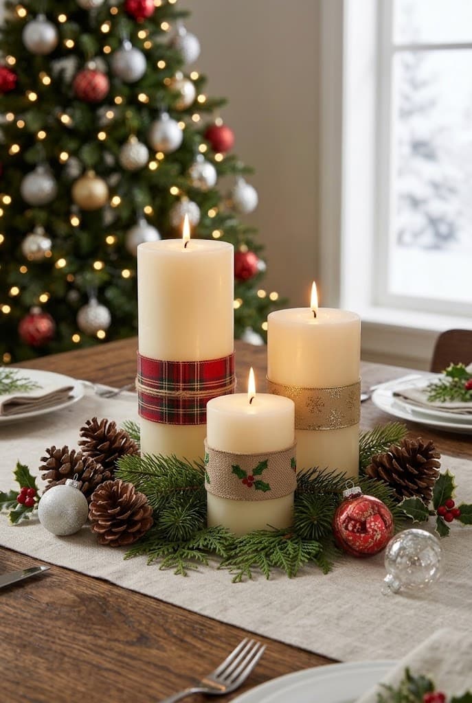 `ribbon-wrapped-candle-trio-christmas-centerpiece-pillar-candles-tartan-snowflake-burlap-holly-ribbons-pinecones-evergreen-branches`