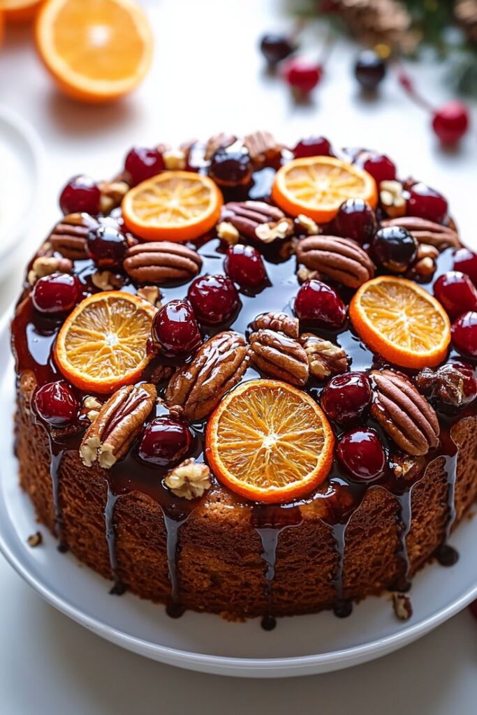christmas-fruit-cake-topped-with-candied-oranges-cherries-pecans-and-dark-glaze
