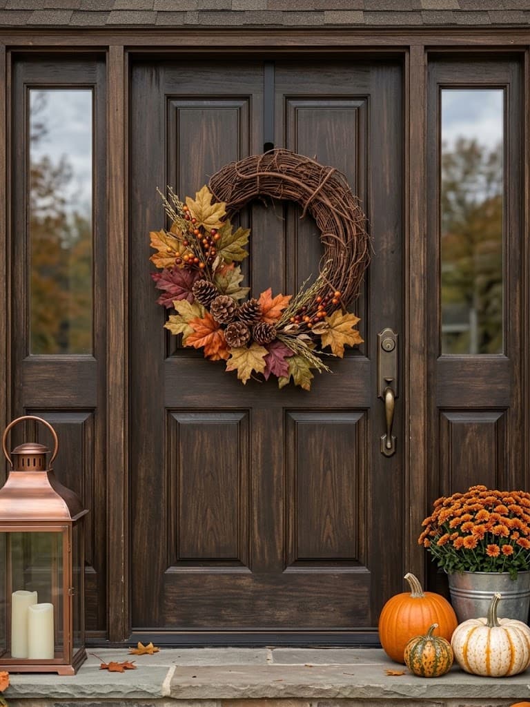 rustic-grapevine-fall-wreath-with-autumn-leaves-pinecones-and-dried-stems-hanging-on-a-wooden-front-door