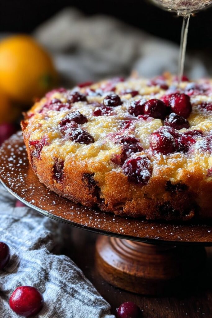 single-layer-rustic-orange-cranberry-cake-dusted-with-powdered-sugar-and-glaze-drizzle