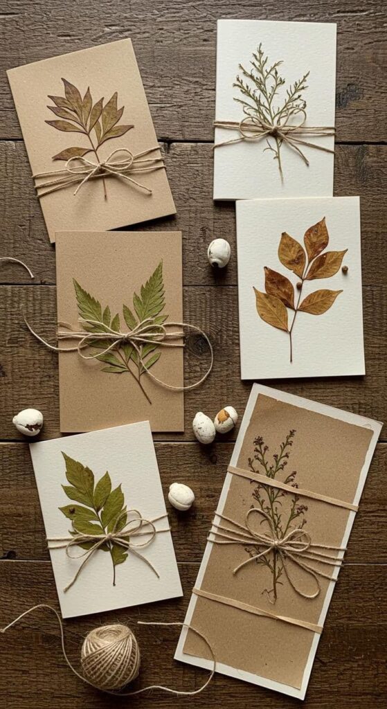 rustic-thanksgiving-cards-made-with-kraft-cardstock-twine-bows-and-pressed-pressed-leaves