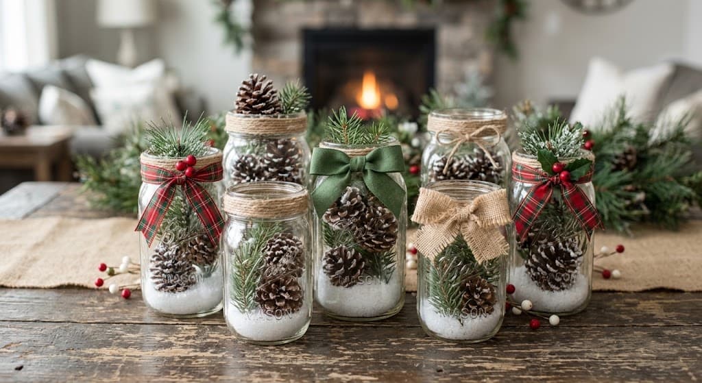 winter-mason-jars-filled-with-faux-snow-pinecones-and-evergreen-sprigs-with-festive-ribbons