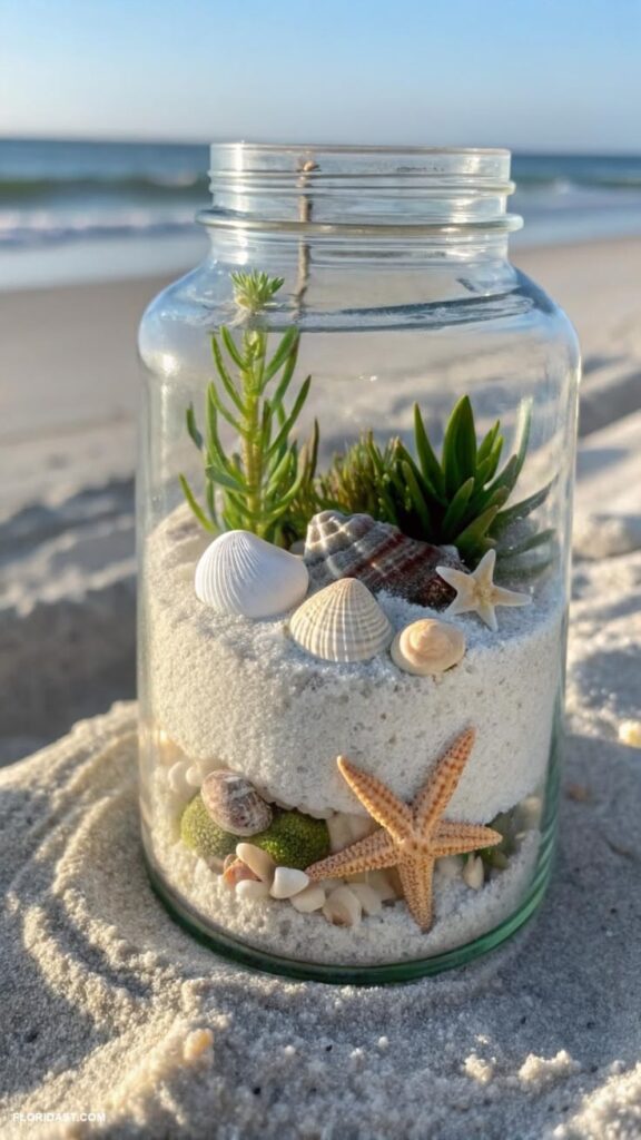 clear-mason-jar-terrarium-filled-with-white-sand-seashells-starfish-and-succulents