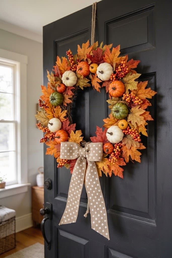 simple-diy-dollar-store-fall-wreath-with-mini-pumpkins-autumn-leaves-and-polka-dot-ribbon-on-black-door