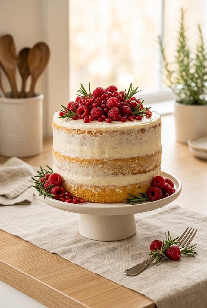 three-layer-naked-vanilla-cake-with-vanilla-bean-frosting-topped-with-fresh-raspberries-pomegranate-seeds-and-rosemary-sprigs-presented-on-a-white-cake-stand-on-a-wooden-counter-next-to-a-window-and-blurry-potted-plants-image