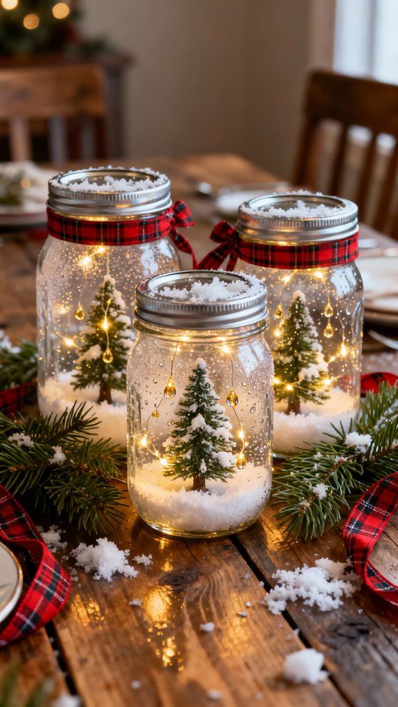 snow-globe-mason-jars-with-miniature-evergreen-trees-fairy-lights-and-red-checkered-ribbons