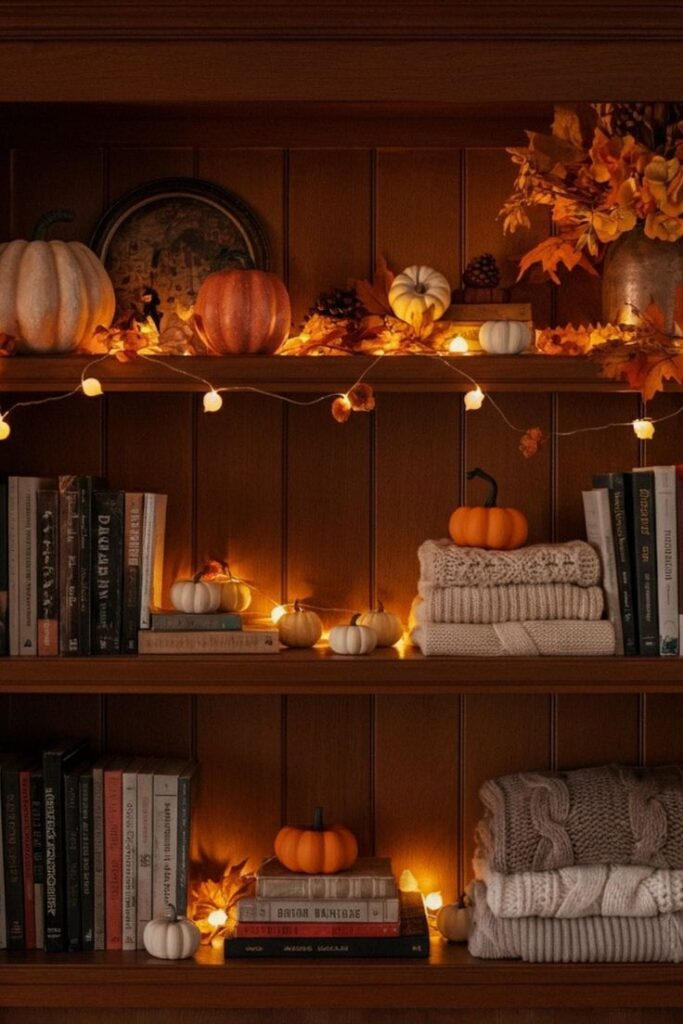 wooden-bookshelves-decorated-with-warm-string-lights-and-mini-pumpkins