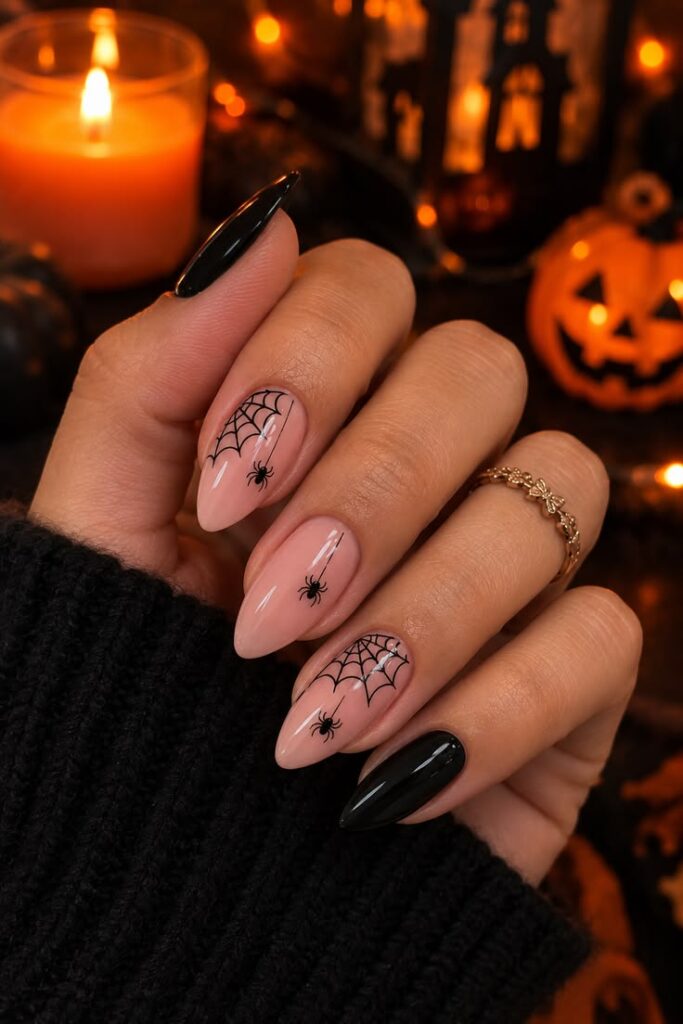 spiderweb-and-spider-accent-nails-nude-and-black-halloween-manicure