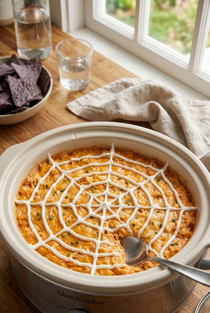 halloween-spiderweb-buffalo-chicken-dip-in-a-slow-cooker