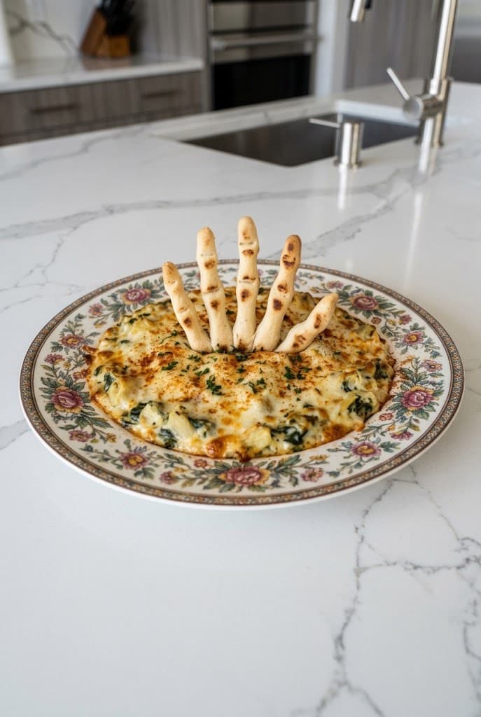 pooky-halloween-finger-breadsticks-in-spinach-artichoke-dip-on-a-floral-plate